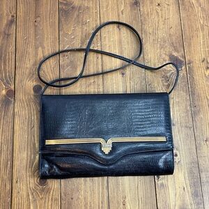 Vintage black leather purse with gold tone accents snake or lizard